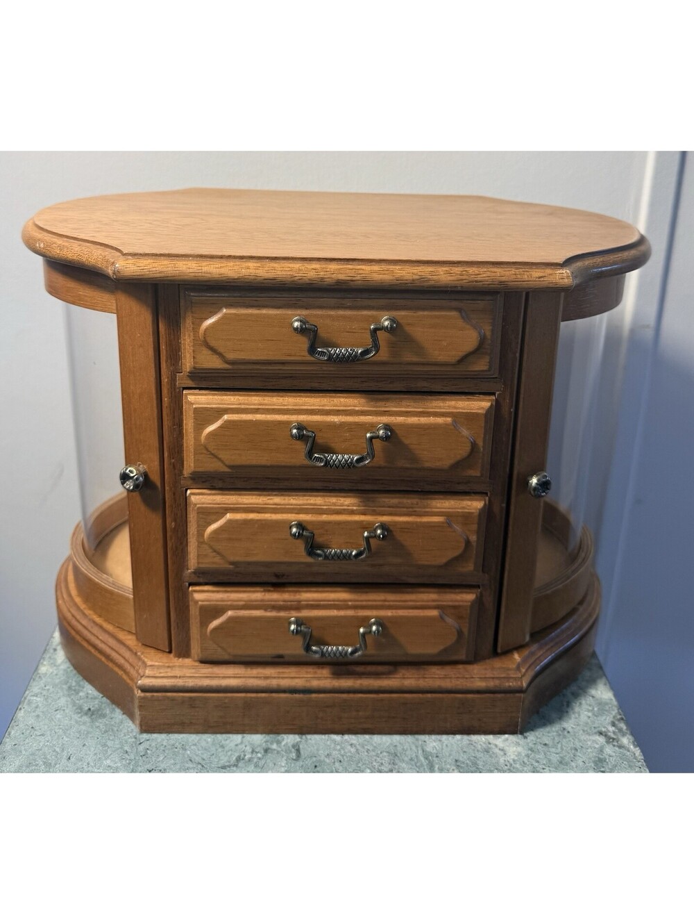 Jewelry Box Walnut Wood Finish 4 Drawers 2 Swing Out Doors Table Top
